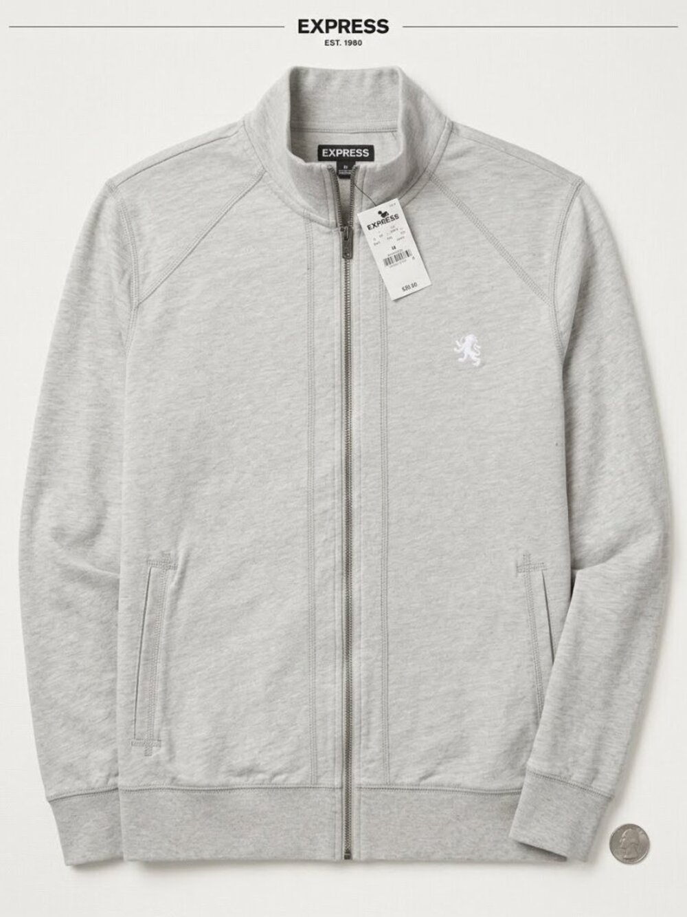 Express Men's Full Zip Mock Neck Track Jacket Lt Gray Heather Lion Logo Medium